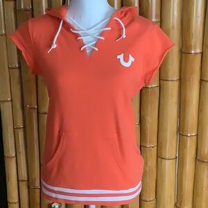 True Religion Logo Women Sweatshirt Small Orange Hoodie Short Sleeve